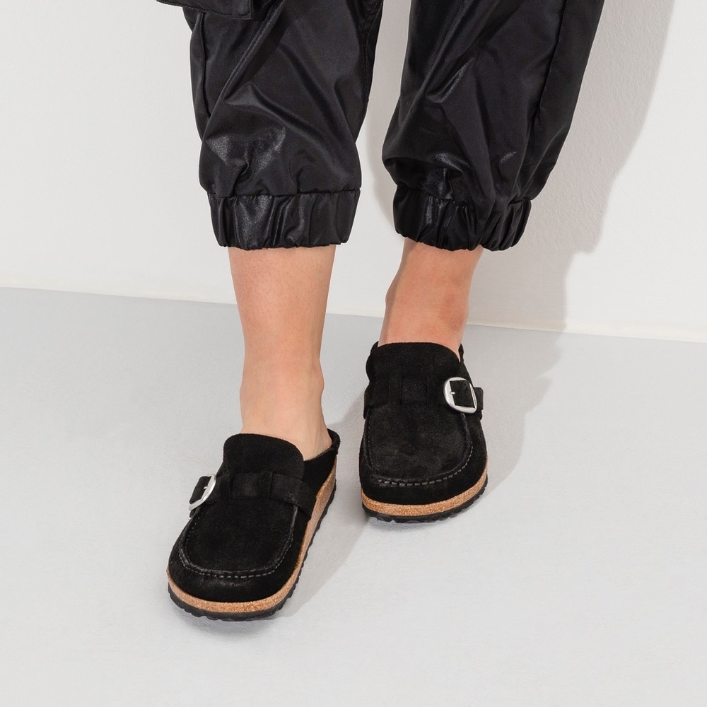 Birkenstock Buckley Mule Clogs Black Suede with Buckle Size-EU-37/US-6-6.5 EUC